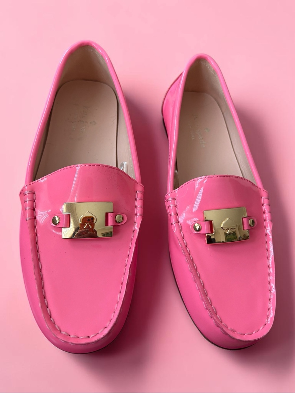 kate spade Pink Patent Leather Loafers with Gold Plaque